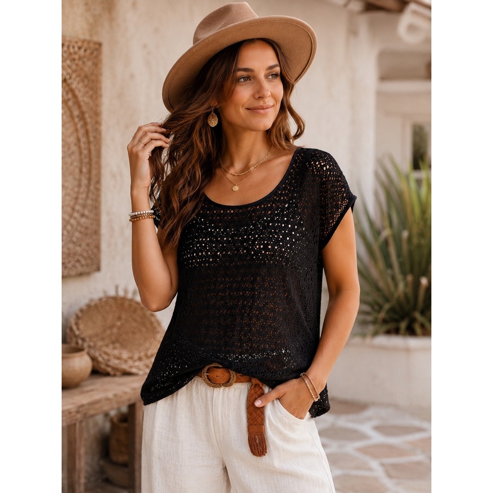 Cato Womens Black Crochet Knit Short Sleeve Scoop Neck Blouse Top Large - Picture 3 of 6